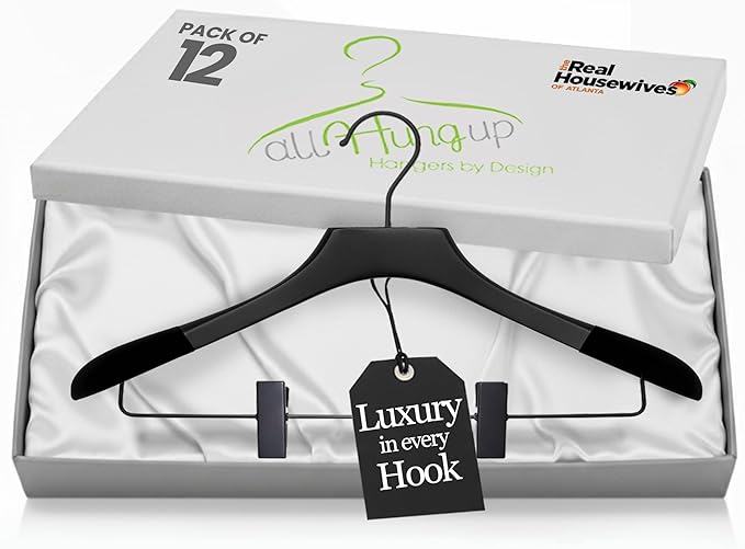 All Hung Up Hangers - Wooden Hangers with Clips for Women, Solid Wood Skirt & Suit Hangers, Heavy-Duty Adjustable Non-Slip Design with Velvet Grip, Black with Black Velvet, 12 pcs