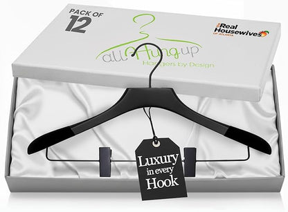 All Hung Up Hangers - Wooden Hangers with Clips for Women, Solid Wood Skirt & Suit Hangers, Heavy-Duty Adjustable Non-Slip Design with Velvet Grip, Black with Black Velvet, 12 pcs