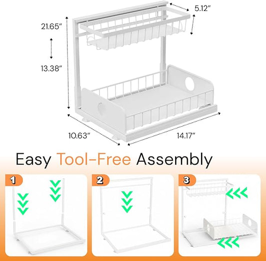 Under Sink Organizer, 2 Pack, 2 Tier Pull Out Sliding Shelf, Adjustable Height, Heavy Duty, Cabinet Organizer for Kitchen Bathroom, Tool-Free Install White