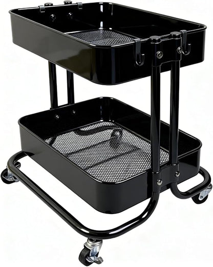 2 Tier Cart with Wheels Heavy Duty Metal Rolling Storage Cart for Under Desk Storage, Short Small Utility Shelf for Pantry Kitchen Bathroom Laundry, Home Organizer with Large Basket, Black