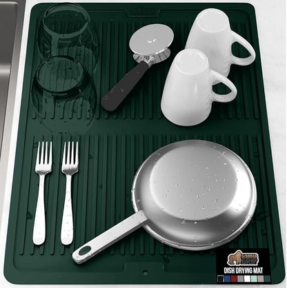 GORILLA GRIP 100% BPA-Free Silicone Dish Drying Mat for Kitchen Counter, 18x24, Quick Dry, Water Catching Ribbed Design, Easy Clean Waterproof Sink Liner, Heat Resistant, Fits Under Rack, Hunter Green