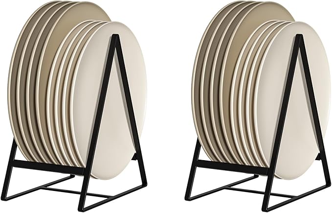 Hikinlichi 2 Pack Triangle Plate Holders Organizers Large Upright Cabinet Dish Drying Racks Metal Plate Dish Organizers Racks Stands for Countertop and Cupboard Black