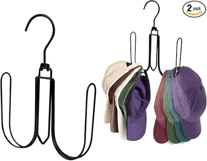 NAKBINX 2 Pack Hat Hanger for Closet, Collapsible Metal Hat Organizer for Baseball Caps, Racks with 4 Big Hooks, 360° Rotation Space Saving Hangers, Better Organizer&Display for Tie, Scarves, Black