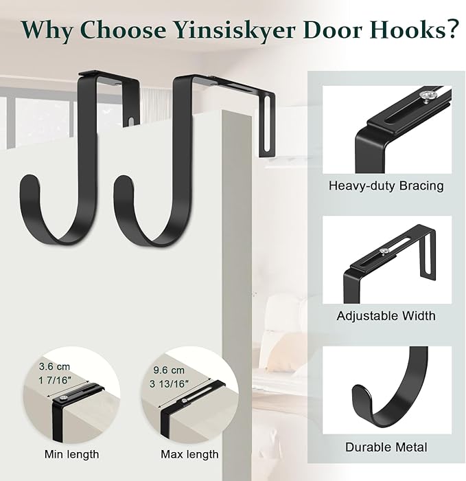 Yinsiskyer Adjustable Over The Door Hooks, Premium Metal Hooks for Hanging, Heavy Duty Door Coat Hangers and Towel Door Hangers, Cubicle Hook fits 1 3/8" to 3 1/2" Longer Panels for Wreath,Black,5 Pcs