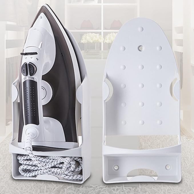 Ironing Board Hanger Wall Mount, Electric Iron Holder Rack Organizer with Hooks for Household Bathroom Laundry Room Closet Hotel White