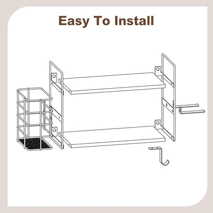 3-in-1 Wall Mounted Hair Dryer Holder with 2 Tier Shelves & Detachable Basket, Space Saving Organizer for Bathroom, Kitchen, Bedroom, Rust-Resistant, Easy Install (White)