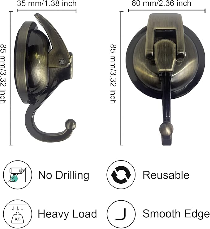 YSSILADI Heavy Duty Vacuum Suction Shower Hooks - Glass Suction Cup Bathroom Robe Hooks, Reusable, No Hole Punched - Bronze, 4 Pack