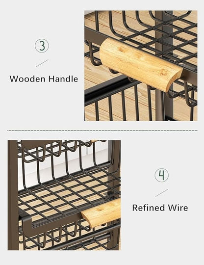 CarolynDesign 5 Tier Metal Wire Basket Cart on Wheels for Kitchen, Stackable Shelf Floor Standing Fruit Vegetable Storage Bins with Pull Out Drawers for Living Room Bedroom and Bathroom