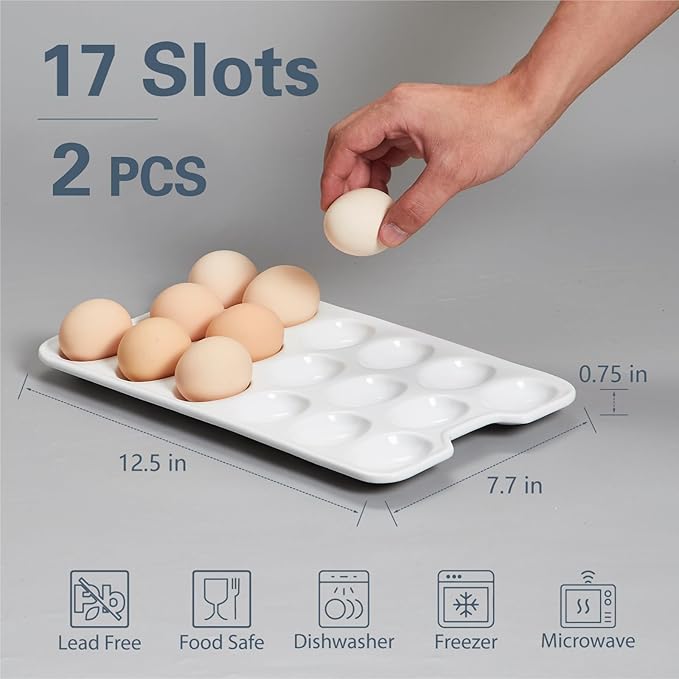 ONEMORE Ceramic Deviled Egg Platter Set of 2, Christmas Deviled Egg Tray, 17 Holes Eggs Holder for Fridge, Rectangle Appetizer Serving Dishes for Parties & Entertaining, Serving Plate for Boiled Eggs