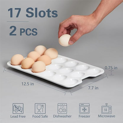 ONEMORE Ceramic Deviled Egg Platter Set of 2, Christmas Deviled Egg Tray, 17 Holes Eggs Holder for Fridge, Rectangle Appetizer Serving Dishes for Parties & Entertaining, Serving Plate for Boiled Eggs