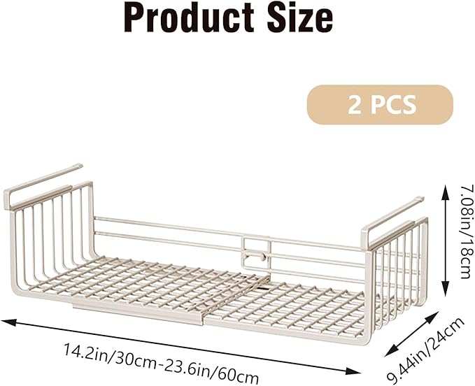 2 Pack Under Shelf Storage Basket, Extendable Under Cabinet Organizer, Pantry Organizers and Storage Hanging Rack for Kitchen Laundry Room Desk Counter Bookshelf