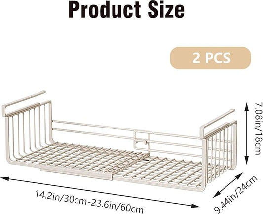 2 Pack Under Shelf Storage Basket, Extendable Under Cabinet Organizer, Pantry Organizers and Storage Hanging Rack for Kitchen Laundry Room Desk Counter Bookshelf