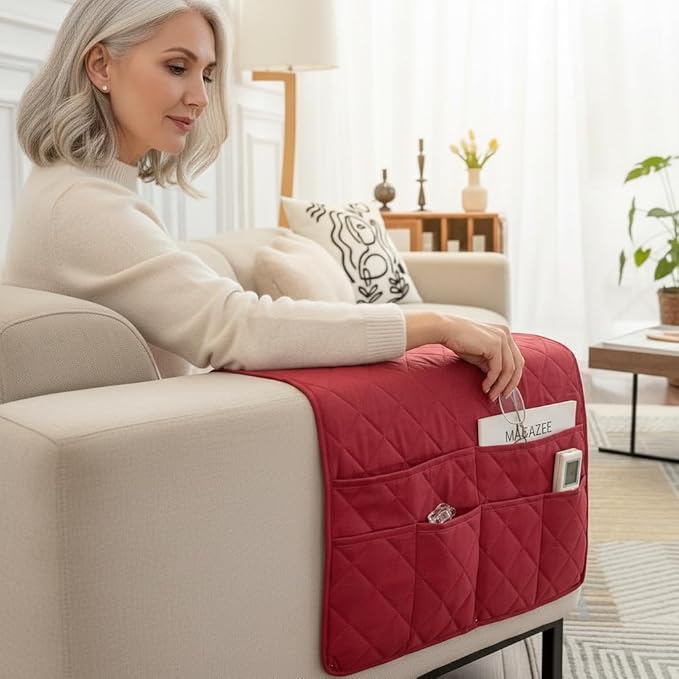 OYX Recliner Armrest Organizer with 6 Pockets, Non-Slip Remote Control Holder for Couch, Sofa & Bedside Storage, Compatible with Phone, iPad, Magazines