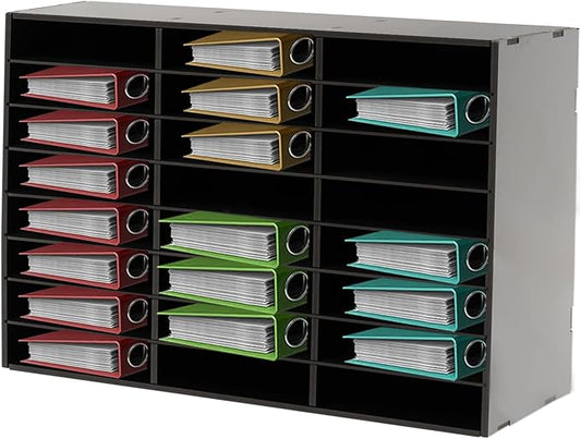 24 Slots Mail Sorters for Office, Desktop Literature Organizer with Removable Shelves, PVC Mail Center Paper Storage Cabinet for Files Magazines Documents, 9 * 2.6in Each Slot (24 Slots - Black)