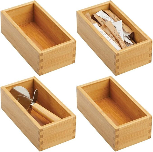 mDesign Bamboo Storage Bin Container, Drawer Organizer Crate Boxes for Kitchen Pantry Cabinet, Shelf, Island or Countertop, Holds Snacks, Spices, or Drinks, Echo Collection, 4 Pack, Natural/Tan