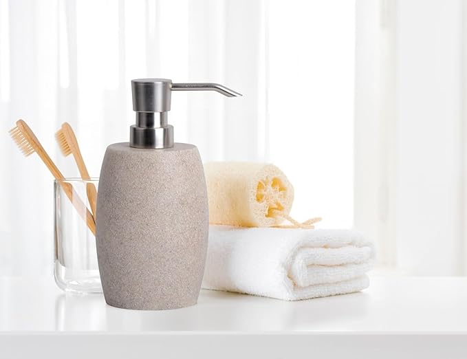 Clasin Home Sandstone Textured Resin Soap Dispenser with Metallic Pump and Waterproof Bottle Labels for Bathroom Kitchen Dish Hand Wash Shower Lotion Shampoo, 12 Oz, 2 Sets Beige