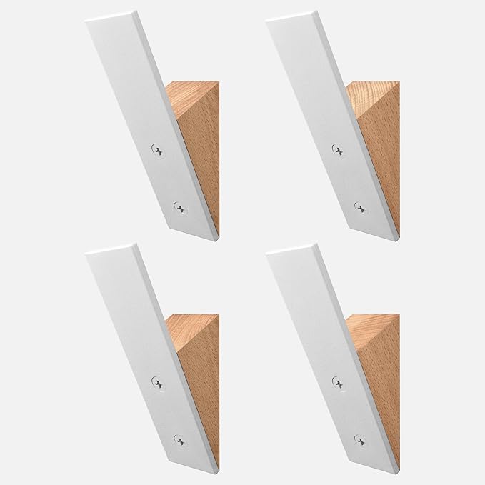 Homeforia Beech Wood Coat Hooks, High End Beech Wood & White Metal Wall Mounted Clothing Hooks, Mid-Century Modern Coat Hooks, Heavy Duty Wooden Hooks for Hanging Coats, Hats, Towels & More, Set of 4