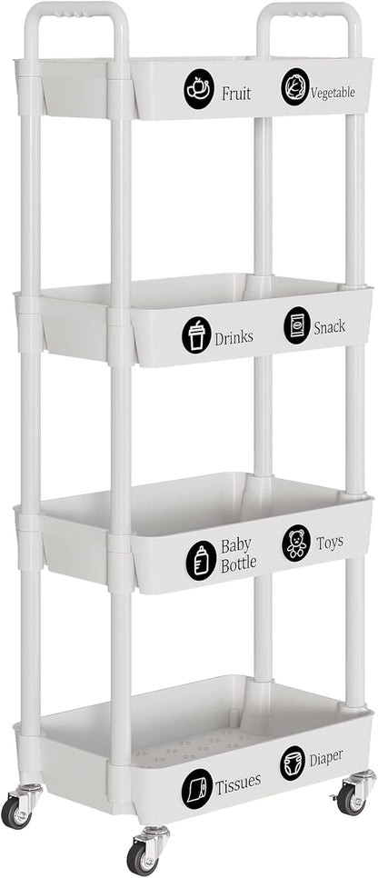 Laiensia 4-Tier Storage Carts,Multifunction Utility Rolling Cart Kitchen Storage Organizer,Mobile Shelving Unit Cart with Lockable Wheels for Bathroom,Laundry,Living Room,With Classified Sticker,White