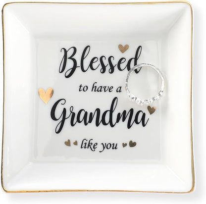 HOME SMILE Mother's Day Gifts for Grandma,Grandmother Ceramic Ring Jewelry Dish Tray Plate for Birthday Valentine's Christmas-Blessed to Have A Grandma Like You