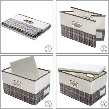 PRANDOM Collapsible Storage Bin with Lid [3-Pack] Fabric Foldable Storage Box Organizer Container Basket Cube with Cover for Home Bedroom Closet Office Nursery Gray plaid & Cream(14.9x9.8x9.8)