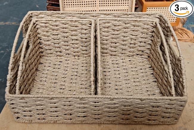 OIAHOMY Pantry Baskets for Organizing, Paper Rope Baskets with Built-in Handles, Wicker Storage Baskets for Shelves, 3 Pack-Yellow