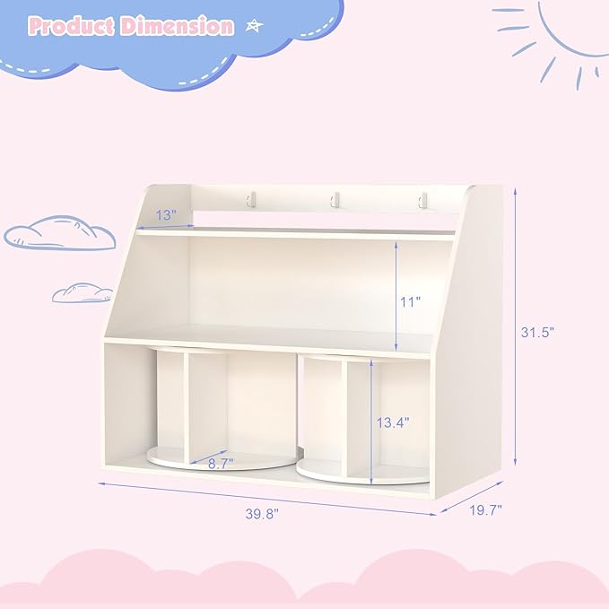 NACHES Wooden Kids Bookcase with 2 Rotating Shelves 3 Tier Children Bookshelf Toddler Toys Organizer Multi Functional Wood Storage Bookshelf for Kids Rooms Nursery, White