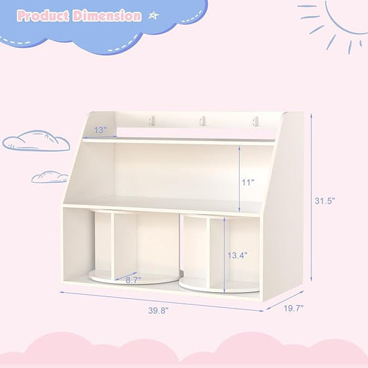 NACHES Wooden Kids Bookcase with 2 Rotating Shelves 3 Tier Children Bookshelf Toddler Toys Organizer Multi Functional Wood Storage Bookshelf for Kids Rooms Nursery, White