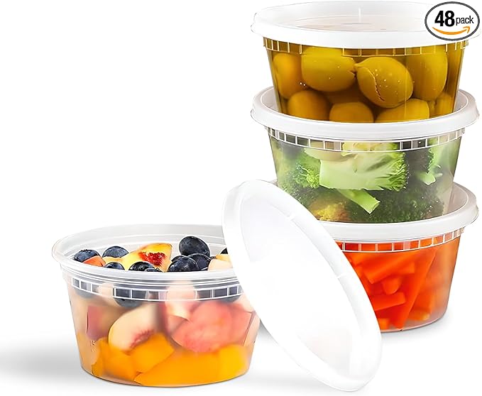 OCS Parts 48-Pack Round Plastic Deli Containers with Lids | Stackable, Microwavable, Freezer and Dishwasher Safe BPA Free Food Prep and Storage Containers (12 Ounce)