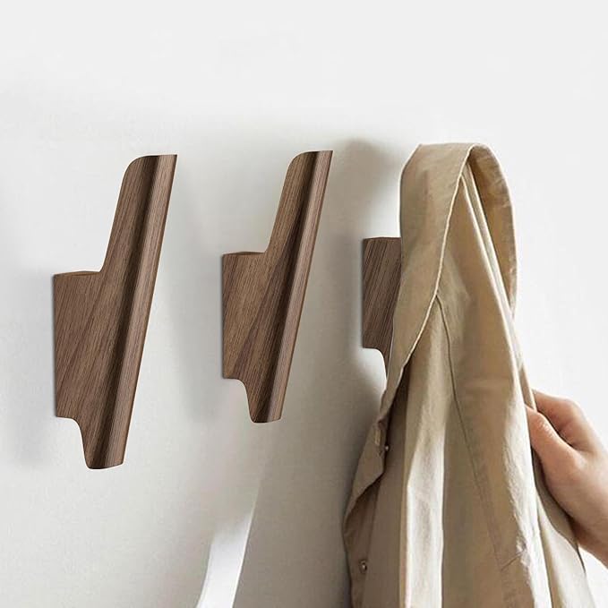 Wood Wall Hooks 4 Pack Coat Hooks Wall Mount Walnut Wooden Hooks for Hanging Hat, Bag, Backpack, Rustic Coat Hooks for Wall, Wood Towel Hooks for Bathrooms and Entryway Hooks (Walnut, Light)