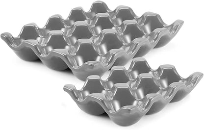 Flexzion 12 + 6 Cups Ceramic Egg Holder for Fridge - 18 Porcelain Egg Tray Container Keeper Storage Organizer Decorative Serving Stand Serveware for Refrigerator Countertop Display Kitchen (Gray)