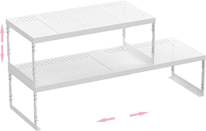 Stackable Expandable Metal Shelf Organizer - Adjustable Wire Storage Rack with Holes for Kitchen, Bathroom, Cabinet, Office - Space Saving, Durable & Sturdy Design（2PACKS/Large/White