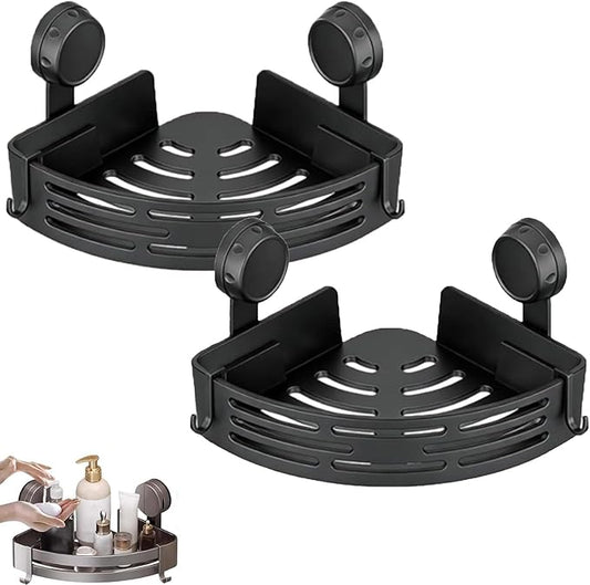 Triangle Suction Cup Shower Caddy, Corner Shower Shelves No Drilling, Aluminum Upgrade Suction Cup Shower Organizer with Towel Bar & Hooks, Heavy-Duty Strong Hold (Black, 2pcs)