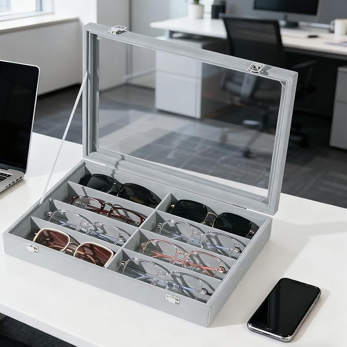XHMQYC Glasses Holder Box Drawer Sunglass Organizer for Men Clear Wide Storage Case 8 Slots Multiple Reading Glasses Display, Gray Velvet With Clear Glass Lid