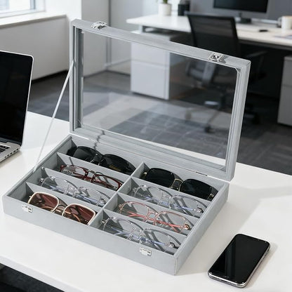 XHMQYC Glasses Holder Box Drawer Sunglass Organizer for Men Clear Wide Storage Case 8 Slots Multiple Reading Glasses Display, Gray Velvet With Clear Glass Lid