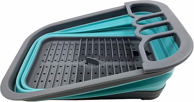 SAMMART 7.3L (1.9 Gallon) Collapsible Plastic Dish Drainer with Drainer Board - Foldable Drying Rack Set - Portable Dinnerware Organizer - Space Saving (Grey/Crystal Blue)
