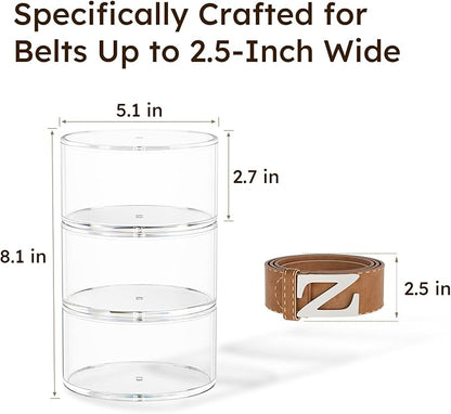 FEMELI Belt Organizer, Acrylic Belt Storage Holder for Closet & Drawer, 3-Layer Stackable Display Case for Belts, Watches, Jewelry and Ties