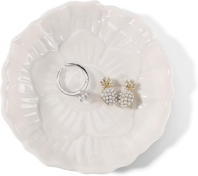 YZMICSTAR Flower Ring Dish Holder,Jewelry Dish Tray,Small Trinket Tray,Jewelry Plate Bowl,Key Bowl,Decorative Plate,Birtdhay Christmas Gifts for Women Friends,Ceramic White