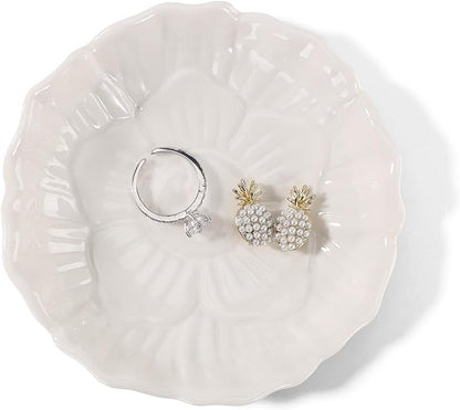 YZMICSTAR Flower Ring Dish Holder,Jewelry Dish Tray,Small Trinket Tray,Jewelry Plate Bowl,Key Bowl,Decorative Plate,Birtdhay Christmas Gifts for Women Friends,Ceramic White