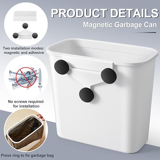 2 Pcs 2.1 Gallon Magnetic Hanging Trash Can Wall Mounted Plastic Garbage Container Lint Bin for Laundry Room Hanging BBQ Utensils Organizer Holder for Kitchen Cabinet Bedroom Bathroom Camping