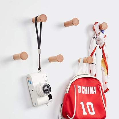 HomeDo Wall Hooks Rack, Wooden Coat Hooks Wall Mounted, Entryway Hat Rack, Decorative Hooks Single Organizer Wall Hanger Hat Hook Towel Rack, Heavy Duty Hooks (Beech Wood-3inch,6Pack)
