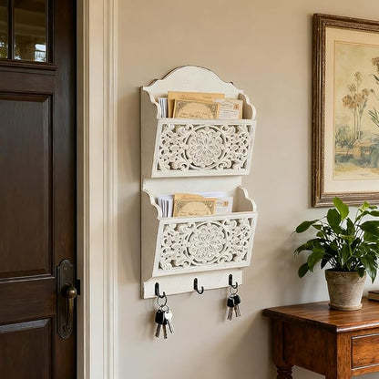 Rustic Key and Mail Holder for Wall Home Decorative,2-Slot Mail Organizer Wall Mount with 3 Hooks, Wooden Key Hangers Wall File Organizer Letter Sorter for Letter Magazines（White）
