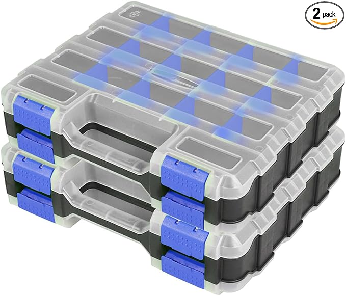 Small Parts Organizer Box Storage Case Tools Box Organizer Double Side 34 Compartments Hardware Organizers with Removable Plastic Dividers for Screws Nuts Nails Bolts, 2 Pack