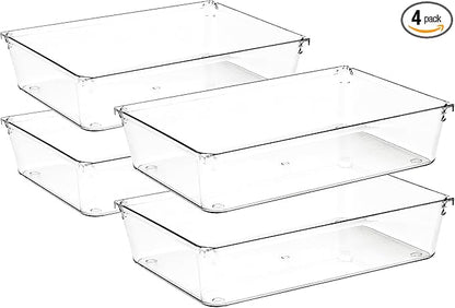 Ravinte Decor 4 Pack Drawer Organizer - 6" X 9" Clear Acrylic Storage Bins with Non-Slip Pads, Versatile Desk Tray for Makeup, Jewelry, Kitchen, Bathroom, and Office Organization