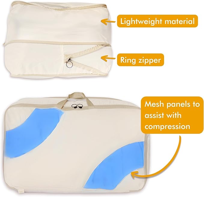HappiBox 2-pack Comforter Storage Bag - Compression Organizer, Pillow, Blanket, Bedding, Duvet - Space Saver Collapsible Extra Large Mesh Packing Cube - Queen King Size (2-pack Medium Size (24x14x11))