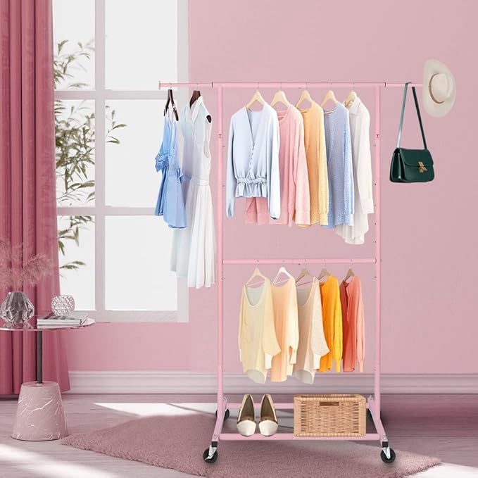 Pink Simple Standard Double Rod Rolling Clothing Garment Rack for Hanging Clothes, Metal Clothes Organizer with Lockable Wheels Mobile for Women, Girls and Kids, Portable Freestanding
