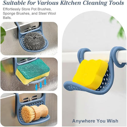 WALLFID 2 Pack Sink Sponge Holder, Adjustable Silicone Suction Cup Caddy for Sponges, Scrubbers, Soap, Kitchen, Bathroom (Denim Blue)