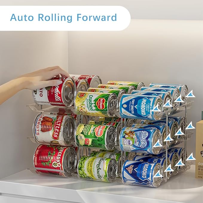 STORICANS Can Organizer For Pantry, Adjustable Height And Width Canned Goods Organizer, Soup Can Rollers Organizer Holds Up to 48 Cans for Kitchen Cabinet or Refrigerator (CLear 4 Tier)