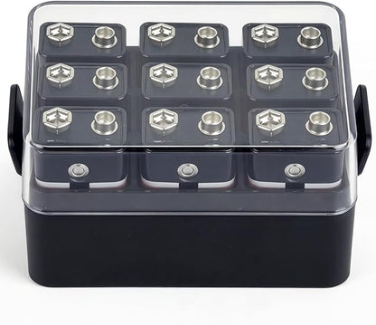 ALCYON 9V Battery Organizer Storage Case, Battery Vault Box Container for 12pcs 9V Batteries, Plastic Clear Protective Battery Holder for Travelling/Home/Office (Box Only, Black)