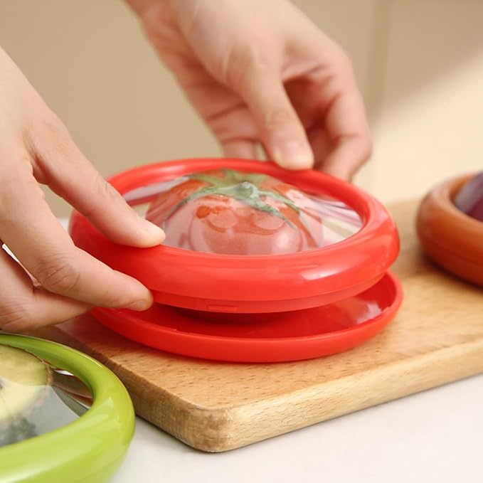 4PC Silicone Fruit and Vegetable Storage Containers Set for Fridge, Reusable Holder For Food Storage, Fresh Stretch Pods For Food Saver, Onion Storage Container, Tomato Saver,and Lemon Holder