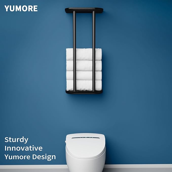YUMORE Towel Rack Matte Black, Stainless Steel Wall Mounted Towel Rack with Shelf for Bathroom (Black)